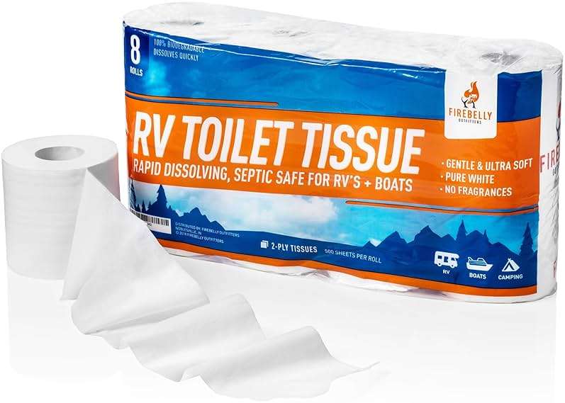 RV Toilet Paper, Septic Tank Safe-MADE IN THE USA- 8 Rolls,2-Ply 500 Sheets - Fast Dissolve Bath Tissue for Camping, Marine, RV Holding Tanks, Biodegradable - Firebelly Outfitters - Image 6