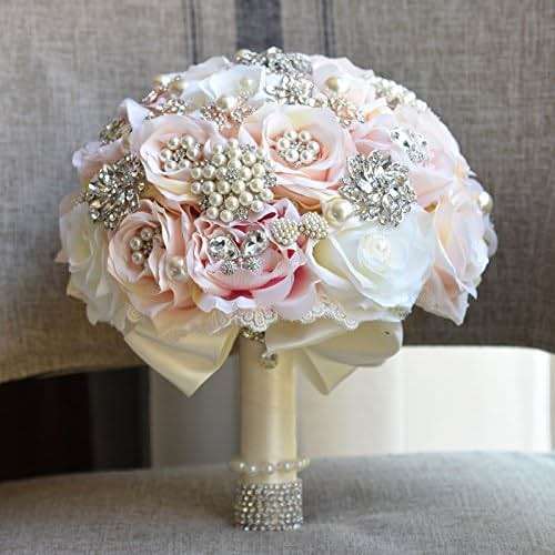 Abbie Home 10" Luxury Brooch Bouquet for Wedding - Crystal Rhinestone Jewelry and Pearls Decorated Rose Bouquet Bridal Flower in Champagne Blush (Champagne) - Image 3