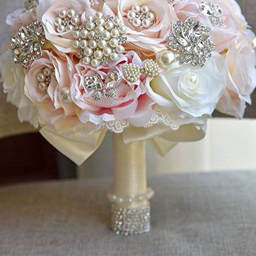 Abbie Home 10" Luxury Brooch Bouquet for Wedding - Crystal Rhinestone Jewelry and Pearls Decorated Rose Bouquet Bridal Flower in Champagne Blush (Champagne) - Image 5