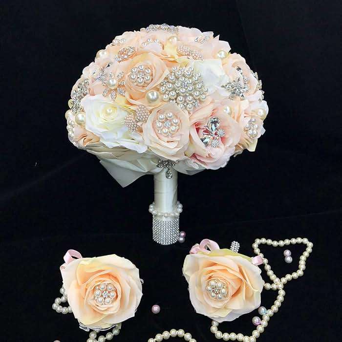 Abbie Home 10" Luxury Brooch Bouquet for Wedding - Crystal Rhinestone Jewelry and Pearls Decorated Rose Bouquet Bridal Flower in Champagne Blush (Champagne) - Image 6