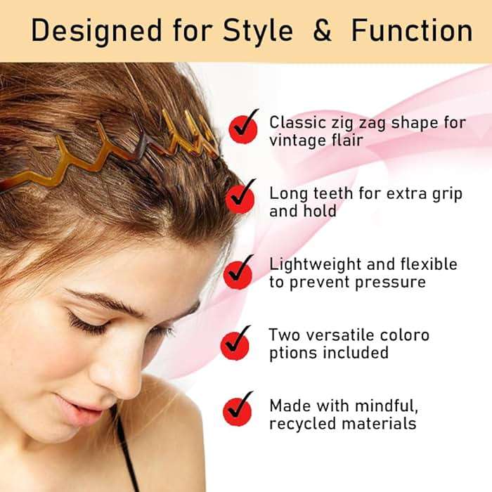 KALIYOTO Zig Zag Headbands, Recycled Plastic Wavy Hair Band with Teeth, Headbands for Women and Men, Classic 90s Hair Accessories, (1 Black Color+1 Brown) - Image 5