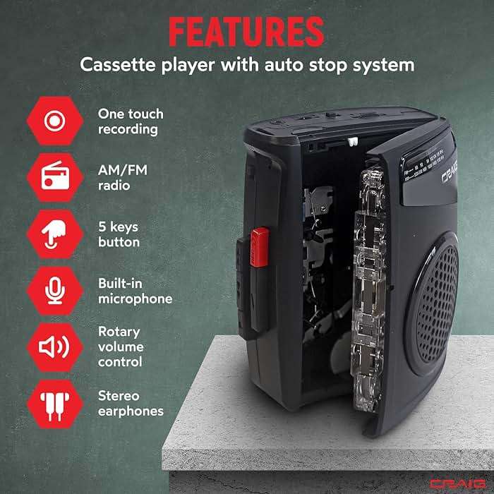 Craig Stereo Cassette Player/Recorder with Earphones: Portable AM/FM Radio & One-Touch Recording System - Image 2