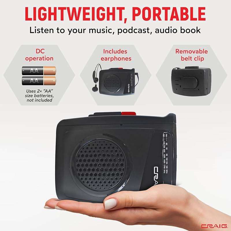 Craig Stereo Cassette Player/Recorder with Earphones: Portable AM/FM Radio & One-Touch Recording System - Image 3