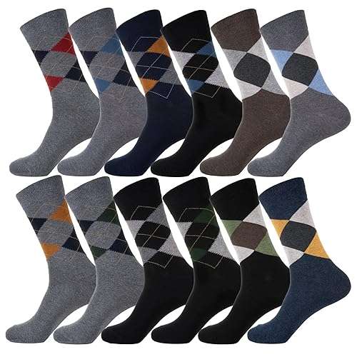 YEJIMONG Men's Cotton Dress Crew Socks 12 Pairs, Fun Patterned & Striped Casual Socks, Animal & Sports Designs, Size 9-12 - Image 1