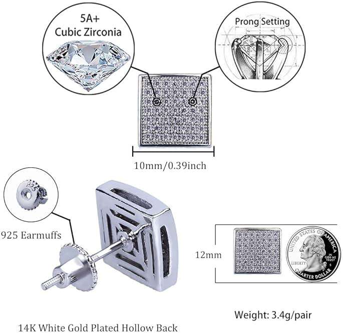 TOPGRILLZ 925 Sterling Silver Square Screw Stud Earrings 14K Gold Plated 5A+ Cubic Zirconia Iced Out Square Screw Back Hypoallergenic Cube Large Stud Earrings For Men Women - Image 2