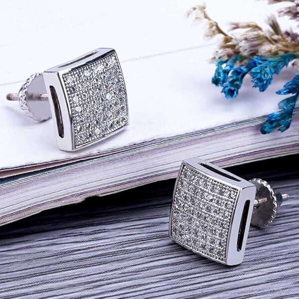TOPGRILLZ 925 Sterling Silver Square Screw Stud Earrings 14K Gold Plated 5A+ Cubic Zirconia Iced Out Square Screw Back Hypoallergenic Cube Large Stud Earrings For Men Women - Image 6