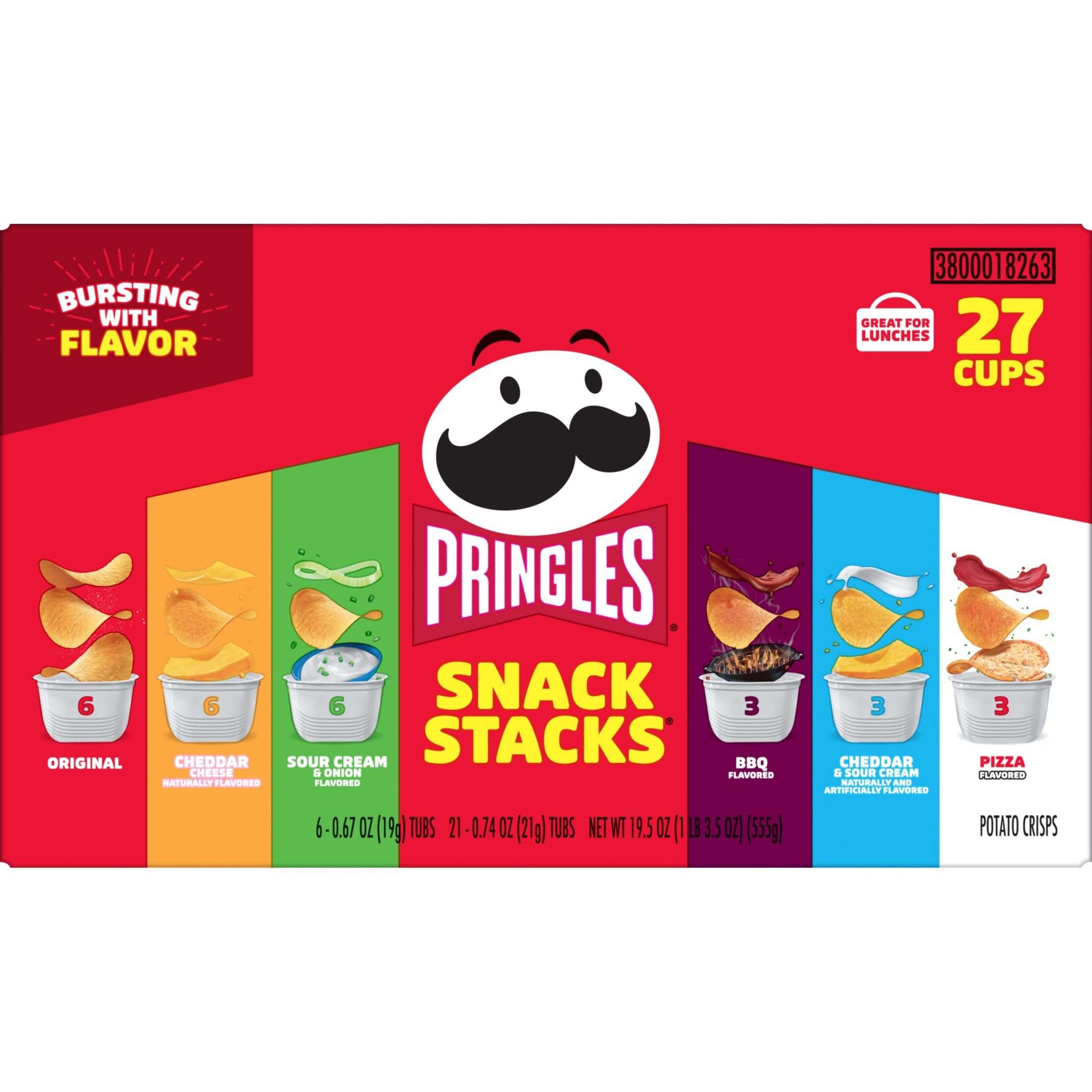 Pringles Snack Stacks Potato Crisps Chips, Flavored Variety Pack, Original, Sour Cream and Onion, Cheddar Cheese, BBQ, Pizza, Cheddar and Sour Cream, 19.5 oz (27 Cups) - Image 5