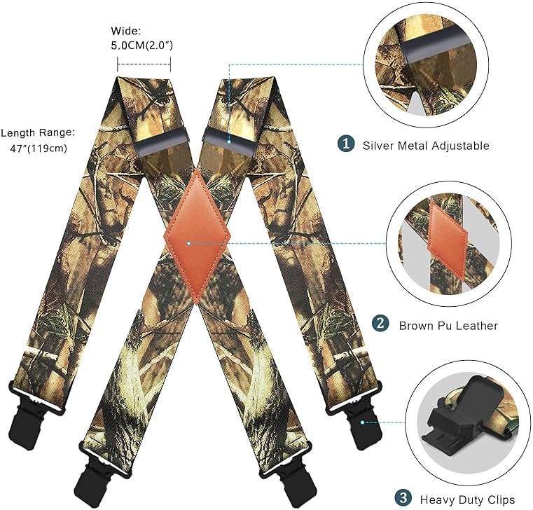MENDENG Camo Suspenders for Men 2" Heavy Duty Clips - Adjustable X-Back Braces for Hunting and Daily Work - Image 2