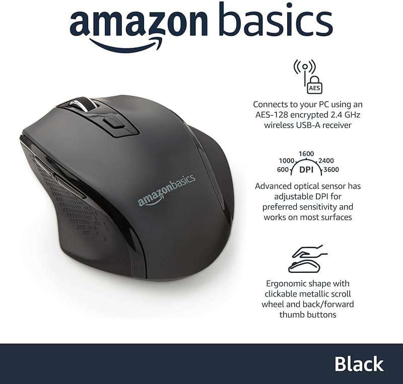 Amazon Basics Portable Wireless Computer Mouse, Ergonomic, 2.4 GHz Optical, DPI Adjustable, Easy to Use, Compatible With PC, Mac, Laptop, Black - Image 2