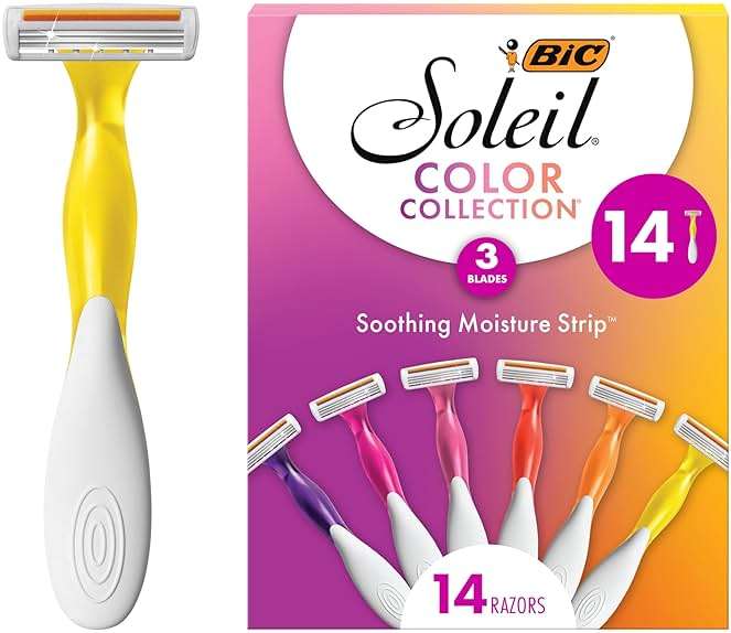 BIC Soleil 3 Colors Women's Disposable 3-Blade Razors, Aloe Vera Strip, College Dorm Room Essential, Shower Caddy and Toiletry Bag Ready, 14-Pack - Image 1
