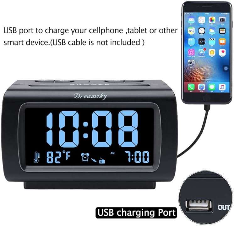 DreamSky Alarm Clock Radio for Bedrooms with Battery Backup | Large Numbers with Dimmer Wheel, USB Port, Bedside Digital FM Radio with Sleep Timer, Temperature, Adjustable Volume, Snooze - Image 2