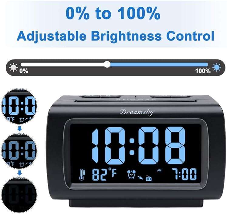 DreamSky Alarm Clock Radio for Bedrooms with Battery Backup | Large Numbers with Dimmer Wheel, USB Port, Bedside Digital FM Radio with Sleep Timer, Temperature, Adjustable Volume, Snooze - Image 4