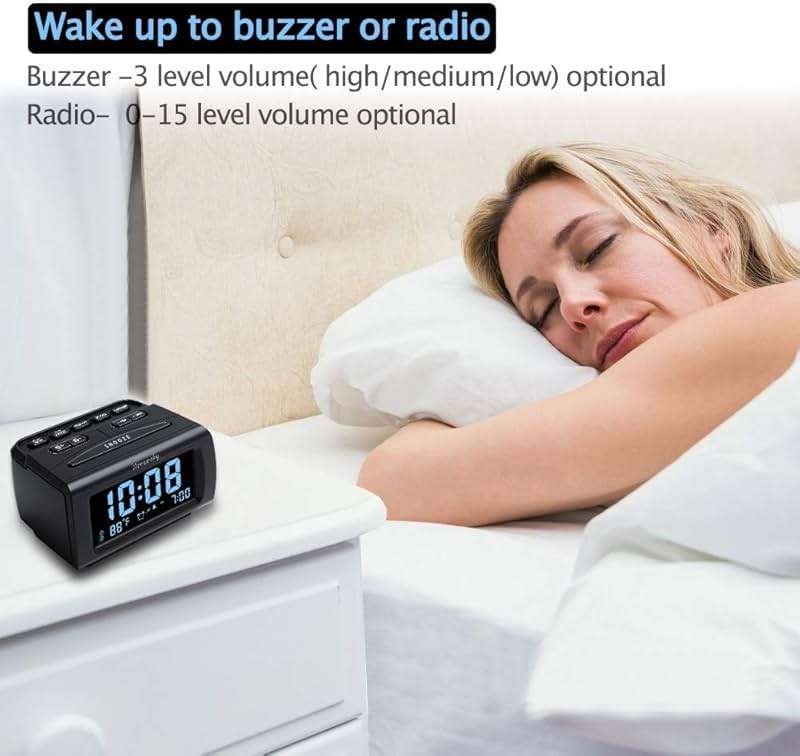 DreamSky Alarm Clock Radio for Bedrooms with Battery Backup | Large Numbers with Dimmer Wheel, USB Port, Bedside Digital FM Radio with Sleep Timer, Temperature, Adjustable Volume, Snooze - Image 5