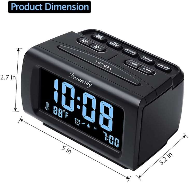 DreamSky Alarm Clock Radio for Bedrooms with Battery Backup | Large Numbers with Dimmer Wheel, USB Port, Bedside Digital FM Radio with Sleep Timer, Temperature, Adjustable Volume, Snooze - Image 6