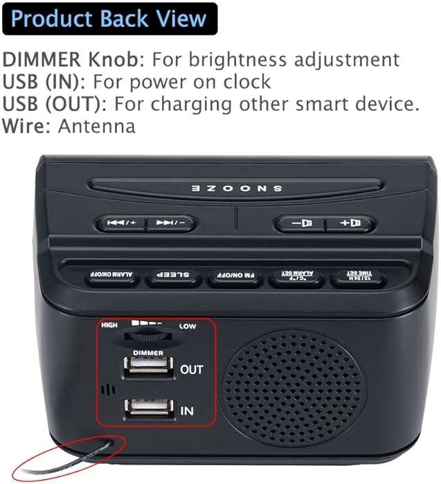 DreamSky Alarm Clock Radio for Bedrooms with Battery Backup | Large Numbers with Dimmer Wheel, USB Port, Bedside Digital FM Radio with Sleep Timer, Temperature, Adjustable Volume, Snooze - Image 7