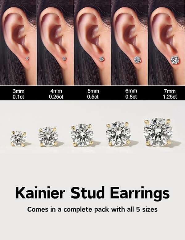 Kainier Women's 14K Gold Plated CZ Stud Earrings Simulated Diamond Round Cubic Zirconia Ear Stud Set（5 Pairs)… - Image 2