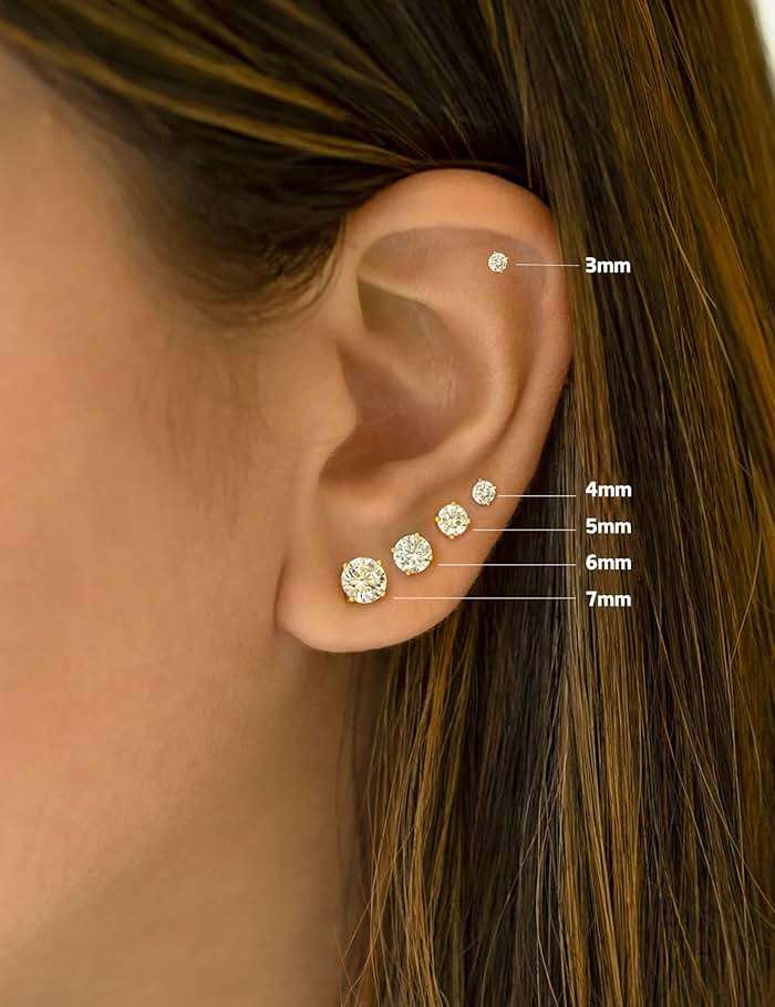Kainier Women's 14K Gold Plated CZ Stud Earrings Simulated Diamond Round Cubic Zirconia Ear Stud Set（5 Pairs)… - Image 3