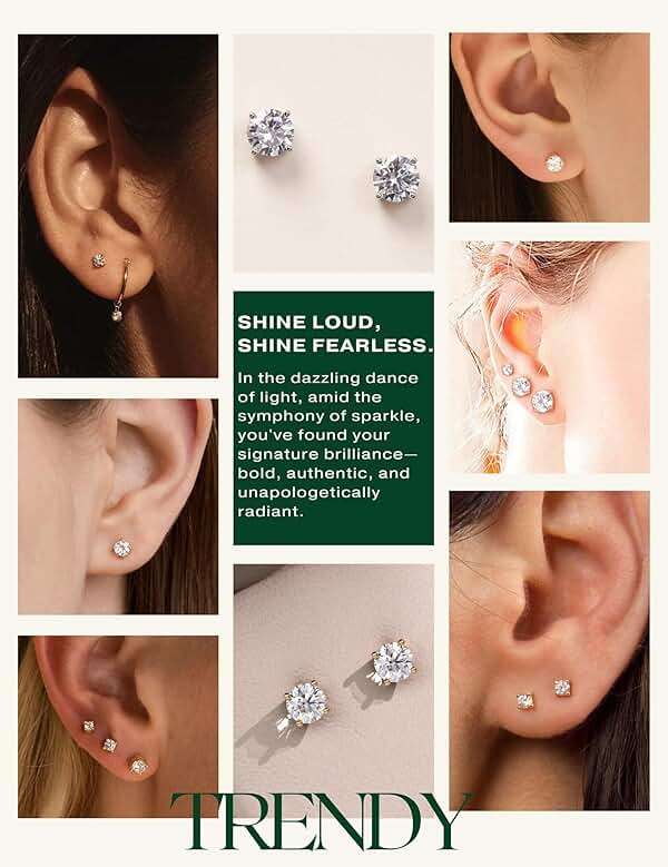 Kainier Women's 14K Gold Plated CZ Stud Earrings Simulated Diamond Round Cubic Zirconia Ear Stud Set（5 Pairs)… - Image 4