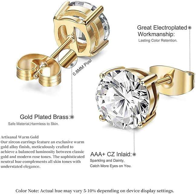 Kainier Women's 14K Gold Plated CZ Stud Earrings Simulated Diamond Round Cubic Zirconia Ear Stud Set（5 Pairs)… - Image 8
