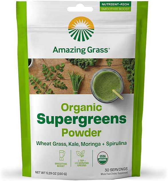 Amazing Grass Super Greens Booster: Greens Powder Smoothie Mix with Spirulina, Moringa, Wheat Grass & Kale Smoothie Booster, Chlorophyll Providing Greens, 30 Servings - Image 1