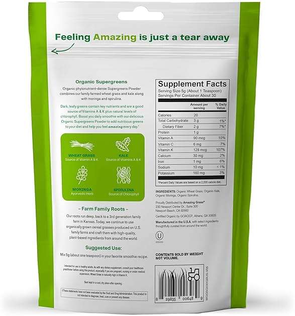 Amazing Grass Super Greens Booster: Greens Powder Smoothie Mix with Spirulina, Moringa, Wheat Grass & Kale Smoothie Booster, Chlorophyll Providing Greens, 30 Servings - Image 6