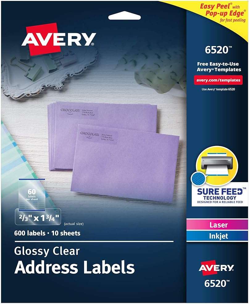 Avery Printable Return Address Labels with Sure Feed, 2/3" x 1-3/4", Glossy Clear, 600 Blank Mailing Labels (06520) - Image 1