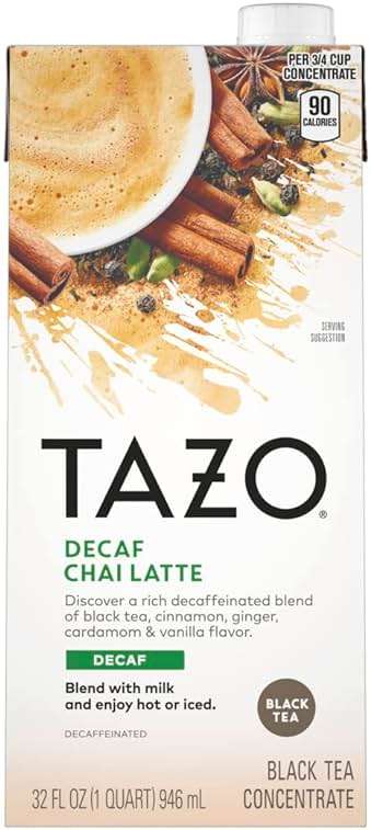 TAZO Decaf Chai Latte, Black Tea Concentrate, Easy-to-Serve Chai Tea for Everyday Lattes, Hot or Iced Tea and Mocktails, 32 oz Tea Mix Carton - Image 1
