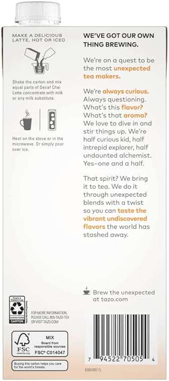 TAZO Decaf Chai Latte, Black Tea Concentrate, Easy-to-Serve Chai Tea for Everyday Lattes, Hot or Iced Tea and Mocktails, 32 oz Tea Mix Carton - Image 5