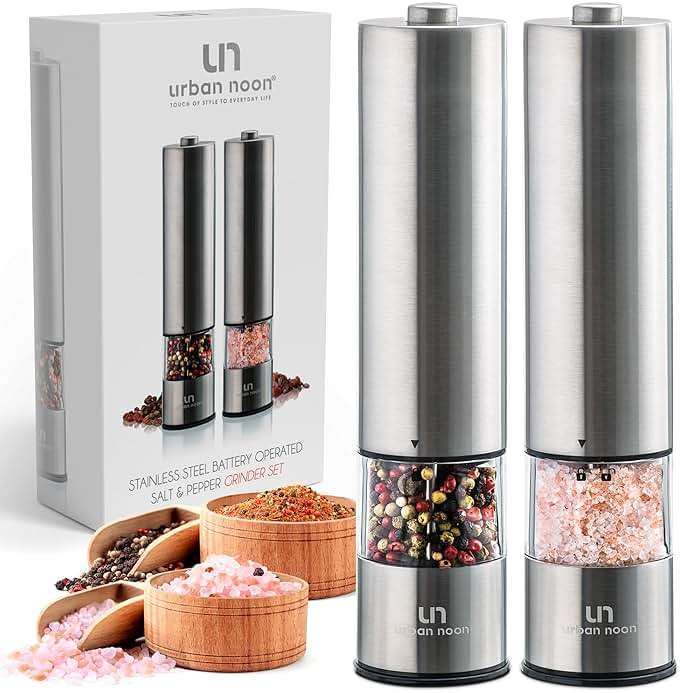 Urban Noon Electric Salt and Pepper Grinder Set (2 Mills, 8.1" Tall) - One-Handed Push-Button Mills with LED Light, Adjustable Ceramic Coarseness, Gift-Ready Box, 1-Year Warranty - Stainless Steel - Image 1