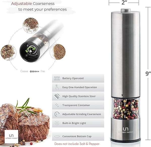 Urban Noon Electric Salt and Pepper Grinder Set (2 Mills, 8.1" Tall) - One-Handed Push-Button Mills with LED Light, Adjustable Ceramic Coarseness, Gift-Ready Box, 1-Year Warranty - Stainless Steel - Image 3