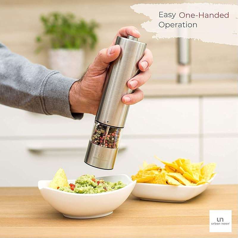 Urban Noon Electric Salt and Pepper Grinder Set (2 Mills, 8.1" Tall) - One-Handed Push-Button Mills with LED Light, Adjustable Ceramic Coarseness, Gift-Ready Box, 1-Year Warranty - Stainless Steel - Image 9