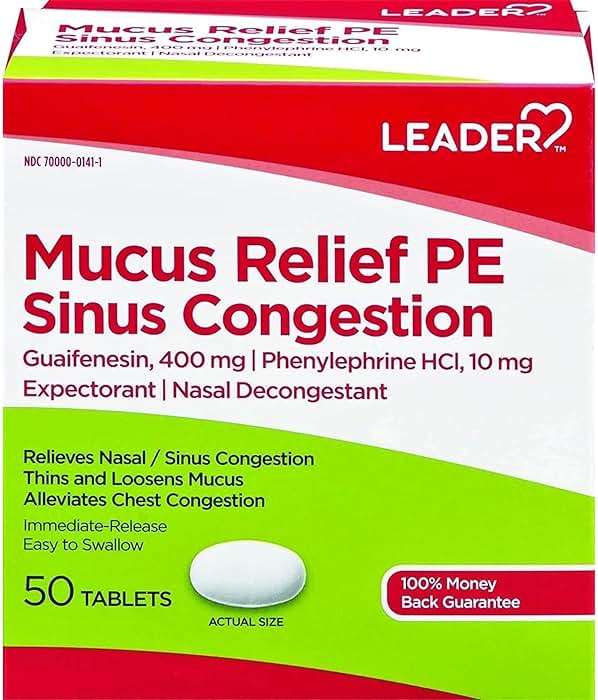 Leader Mucus Relief PE Sinus Congestion, Expectorant; Nasal Decongestant, Thins and Loosens Mucus, Immediate-Release, Alleviates Chest Congestion, 50 Tablets (Pack of 2) - Image 2