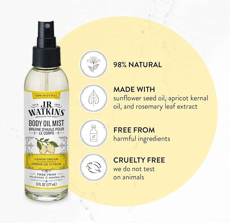 J.R. Watkins Natural Hydrating Body Oil Mist, Lemon Cream, Moisturizing Body Oil Spray for Glowing Skin, USA Made and Cruelty Free, 6 fl oz, Single - Image 2