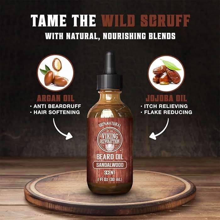 Viking Revolution Beard Oil for Men - Natural Mens Beard Oil with Argan Oil and Jojoba Oil - Beard Softener, Strengthens and Moisturizes - Beard Conditioner for Men (Sandalwood, 1 Pack) - Image 3