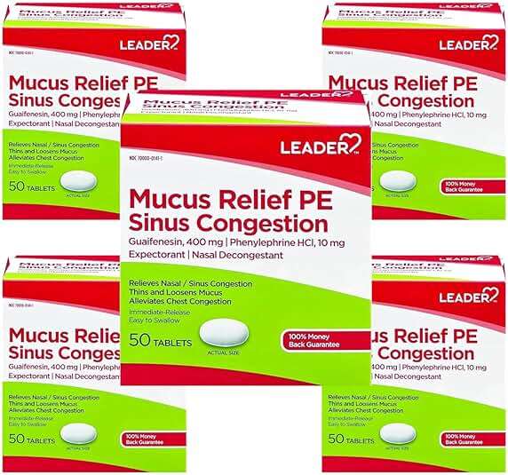 Leader Mucus Relief Pe Sinus Congestion, Expectorant; Nasal Decongestant, Thins and Loosens Mucus, Immediate-Release, Alleviates Chest Congestion, 50 Tablets (Pack of 5) - Image 1
