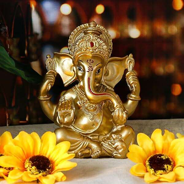 alikiki Indian Ganesh Statue Diwali Decor - Hindu God Diwali Gifts Small Golden Color Lord Ganesha Idol Home Mandir Pooja Murti Item Meditation Yoga Room Altar Decor Diwali Puja Gifts for Indian - Image 2