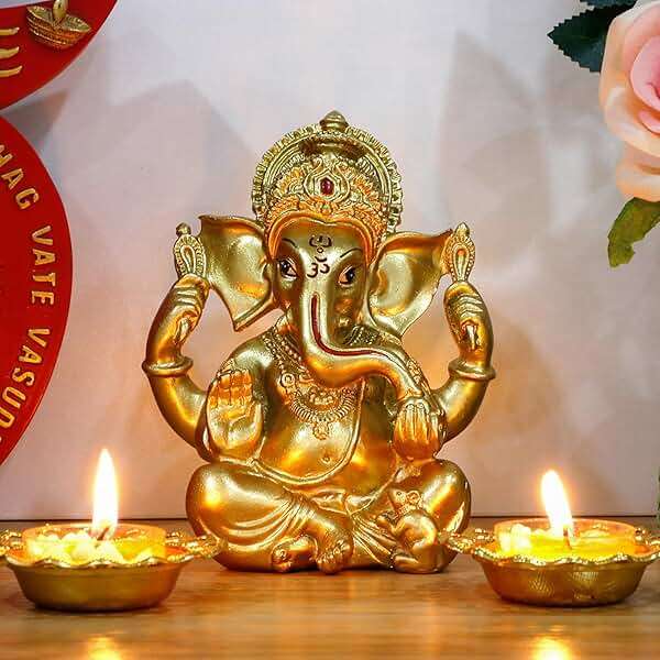 alikiki Indian Ganesh Statue Diwali Decor - Hindu God Diwali Gifts Small Golden Color Lord Ganesha Idol Home Mandir Pooja Murti Item Meditation Yoga Room Altar Decor Diwali Puja Gifts for Indian - Image 5
