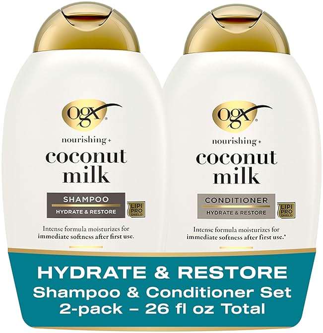 OGX Nourishing + Coconut Milk Sulfate Free Shampoo and Conditioner Set, Hydrates & Softens Hair, Lipi Pro Shield Technology, Creamy Coconut Milk White Peach & Shea Butter Scent, 2 Items, 2 x 13 fl oz - Image 1