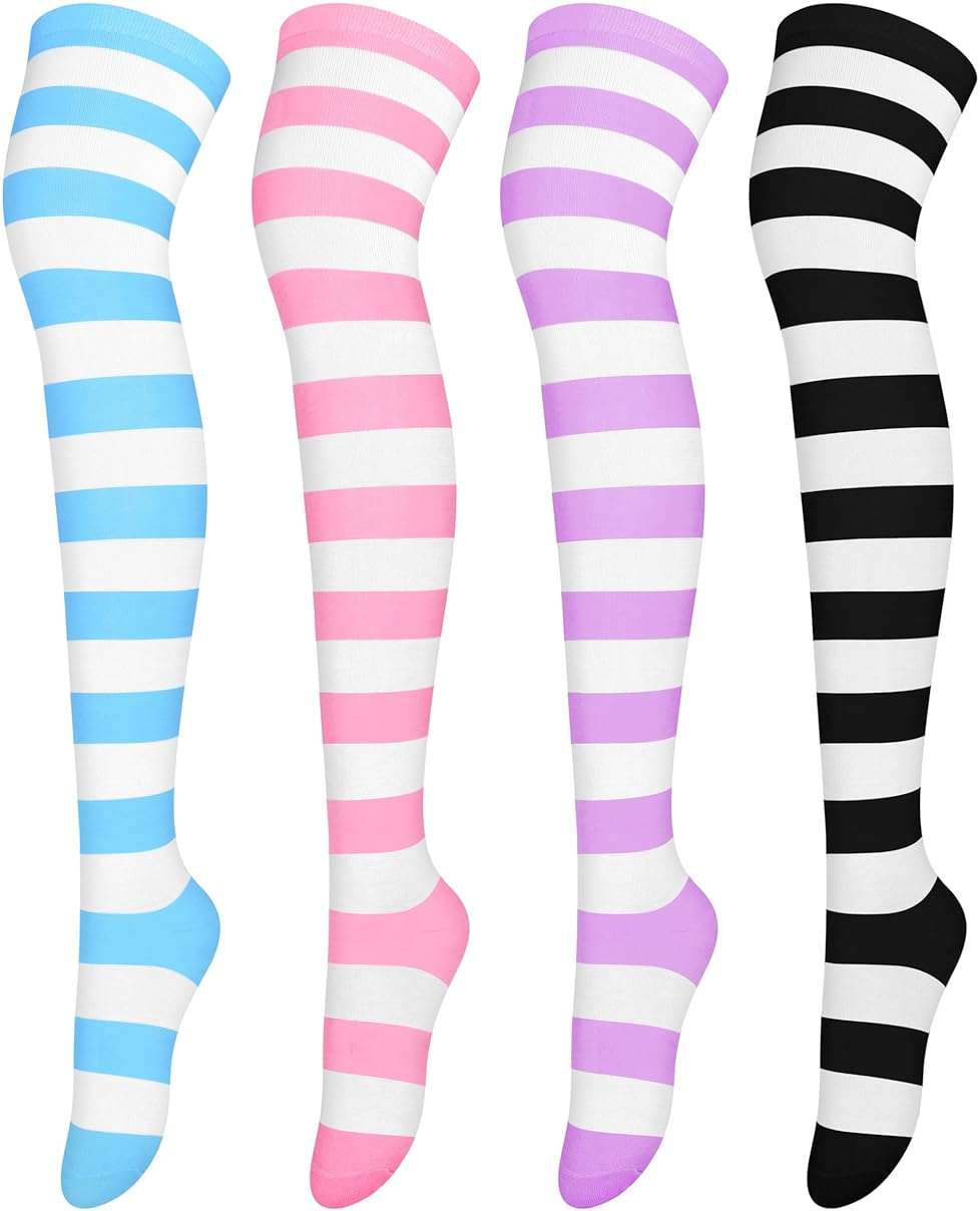 Aneco 4 Pairs Over Knee High Stripe Socks Halloween Cosplay Accessories Thigh High Socks for Adult Woman Girls - Image 1