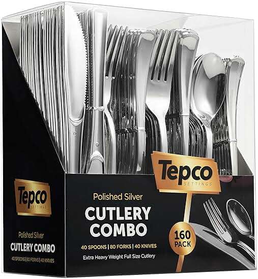 Plastic Silverware Set- Silver Flatware Set- Heavy Duty Cutlery Set - Bulk Combo Value Pack 160 count 40 Knives 80 Forks 40 Spoons Party Supplies - Tepco Settings - Image 1