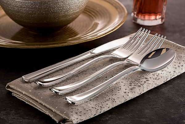 Plastic Silverware Set- Silver Flatware Set- Heavy Duty Cutlery Set - Bulk Combo Value Pack 160 count 40 Knives 80 Forks 40 Spoons Party Supplies - Tepco Settings - Image 2