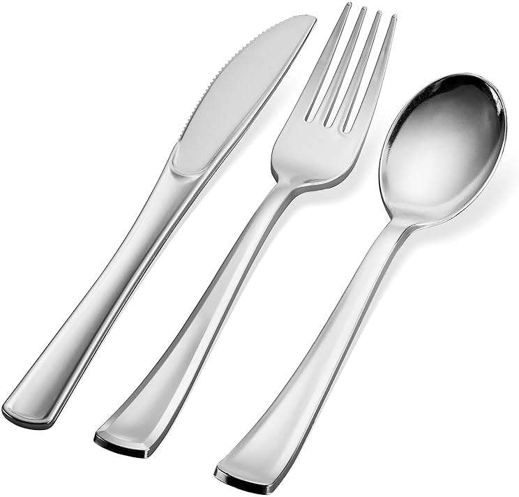 Plastic Silverware Set- Silver Flatware Set- Heavy Duty Cutlery Set - Bulk Combo Value Pack 160 count 40 Knives 80 Forks 40 Spoons Party Supplies - Tepco Settings - Image 3