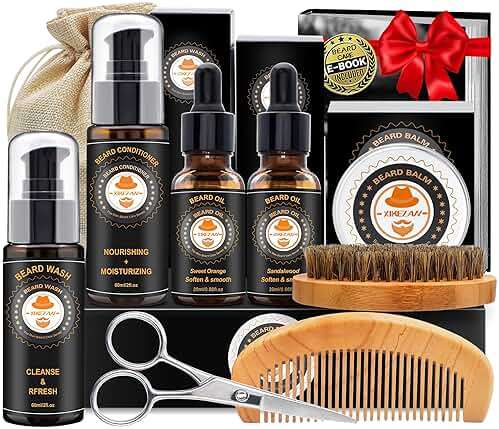 XIKEZAN Fathers Day Gifts for Dad Husband,Beard Kit for Men Grooming & Care w/Beard Conditioner, Wash,Oil,Balm,Birthday Valentines Easter Gifts for Mens Him Boyfriend Christmas Stocking Stuffers - Image 1