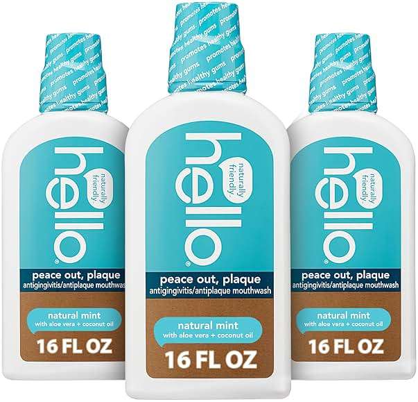 Hello Peace Out Plaque, Antigingivitis Alcohol Free Mouthwash, Natural Mint with Aloe Vera and Coconut Oil, Fluoride Free, Vegan, SLS Free and Gluten Free, 16 Ounce (Pack of 3) - Image 1