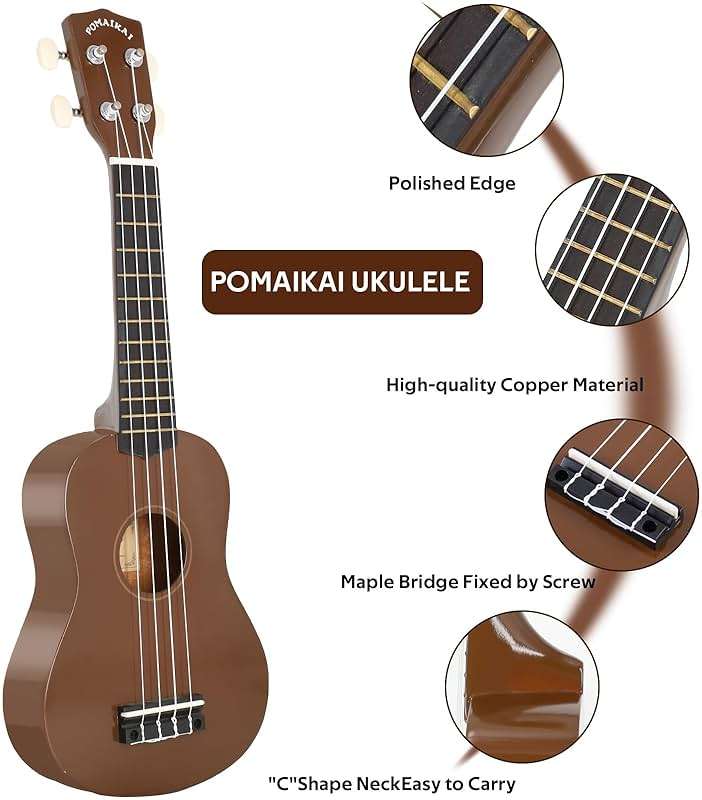 POMAIKAI Soprano Wood Ukulele Starter Ukelele Hawaii Guitar 21 Inch for Beginners and Students(Brown) - Image 4