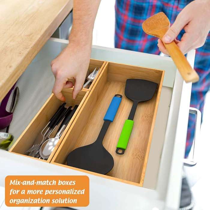 Bamboo Kitchen Drawer Organizer, Wooden Storage Box for Utensil Organizer Silverware Tray Cutlery Holder Flatware Containers - Multi-Use Deep Drawer Dividers Organizer for Bathroom, Jewelry, 9"3"2.5" - Image 2