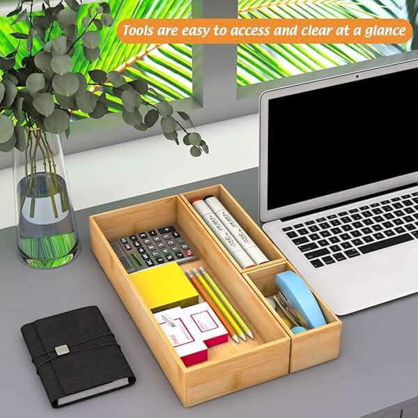 Bamboo Kitchen Drawer Organizer, Wooden Storage Box for Utensil Organizer Silverware Tray Cutlery Holder Flatware Containers - Multi-Use Deep Drawer Dividers Organizer for Bathroom, Jewelry, 9"3"2.5" - Image 5