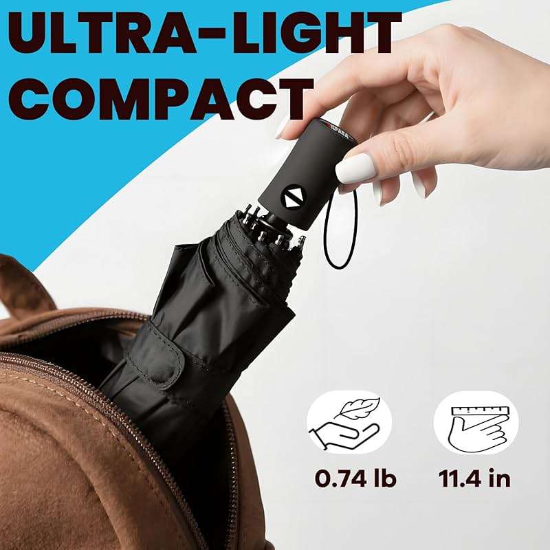 SIEPASA Compact Travel Umbrella - Windproof Auto Open/Close, Small Folding Umbrella for Rain - Lightweight & Durable with Fiberglass Frame, Waterproof Canopy - Fits Backpack, Purse, Suitcase. (Black) - Image 3