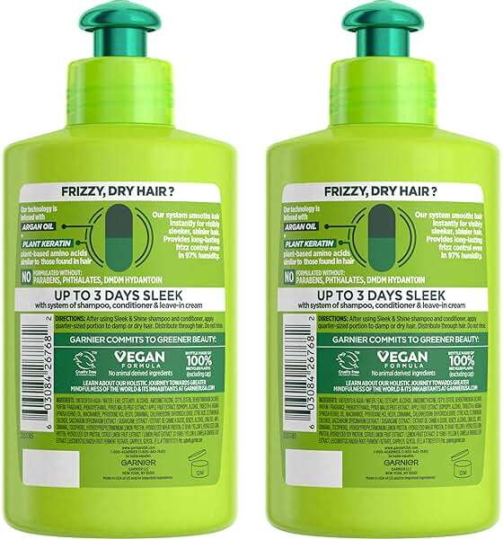 Garnier Fructis Sleek & Shine Leave-In Conditioner Cream, Anti-Frizz Hair Treatment with Plant Keratin + Argan Oil, Controls Frizz and Provides Smoothness For Frizzy, Dry Hair, 10.2 Fl Oz (Pack of 2) - Image 2