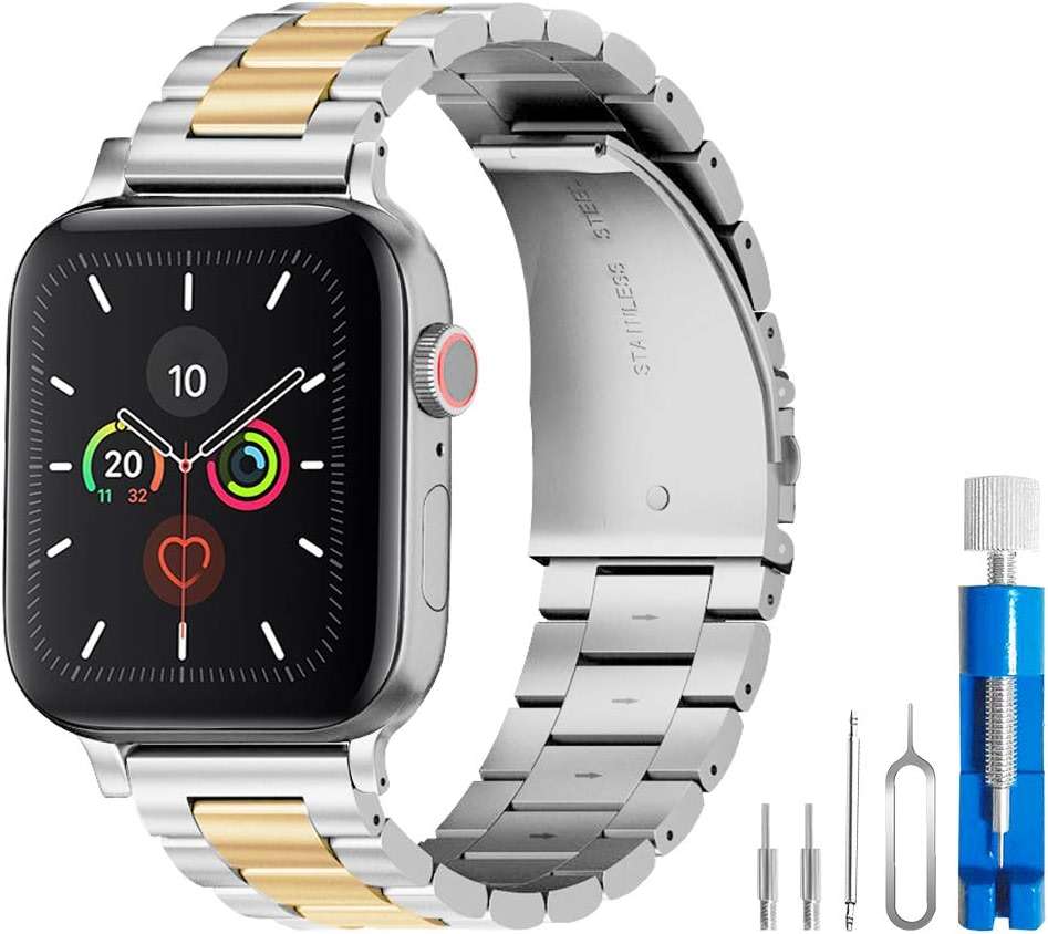 U191U Metal Bands Compatible with Apple Watch Band 41mm 40mm, Dressy Stainless Steel Chain Strap for Men iWatch Series Ultra/Ultra2/10/9/8/7/6/5/4/3/2/1 SE, Silver Gold - Image 3